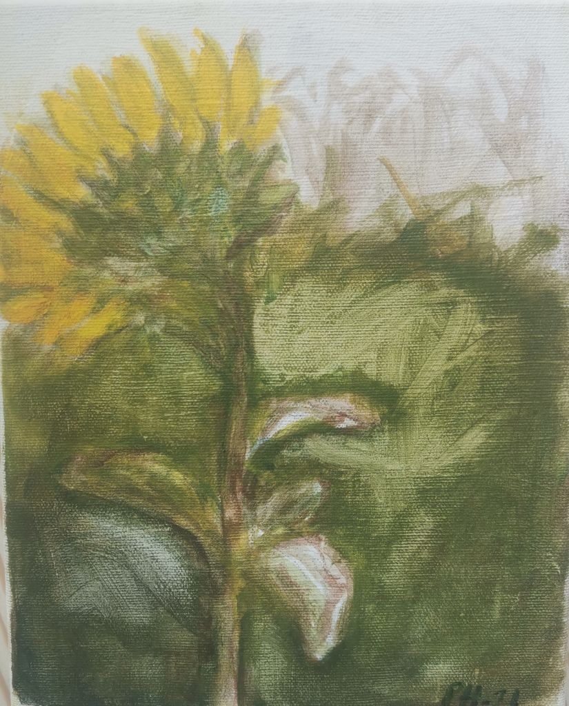 maalaus nimeltä Auringonkukka taiteilijalta Päivikki Huttu